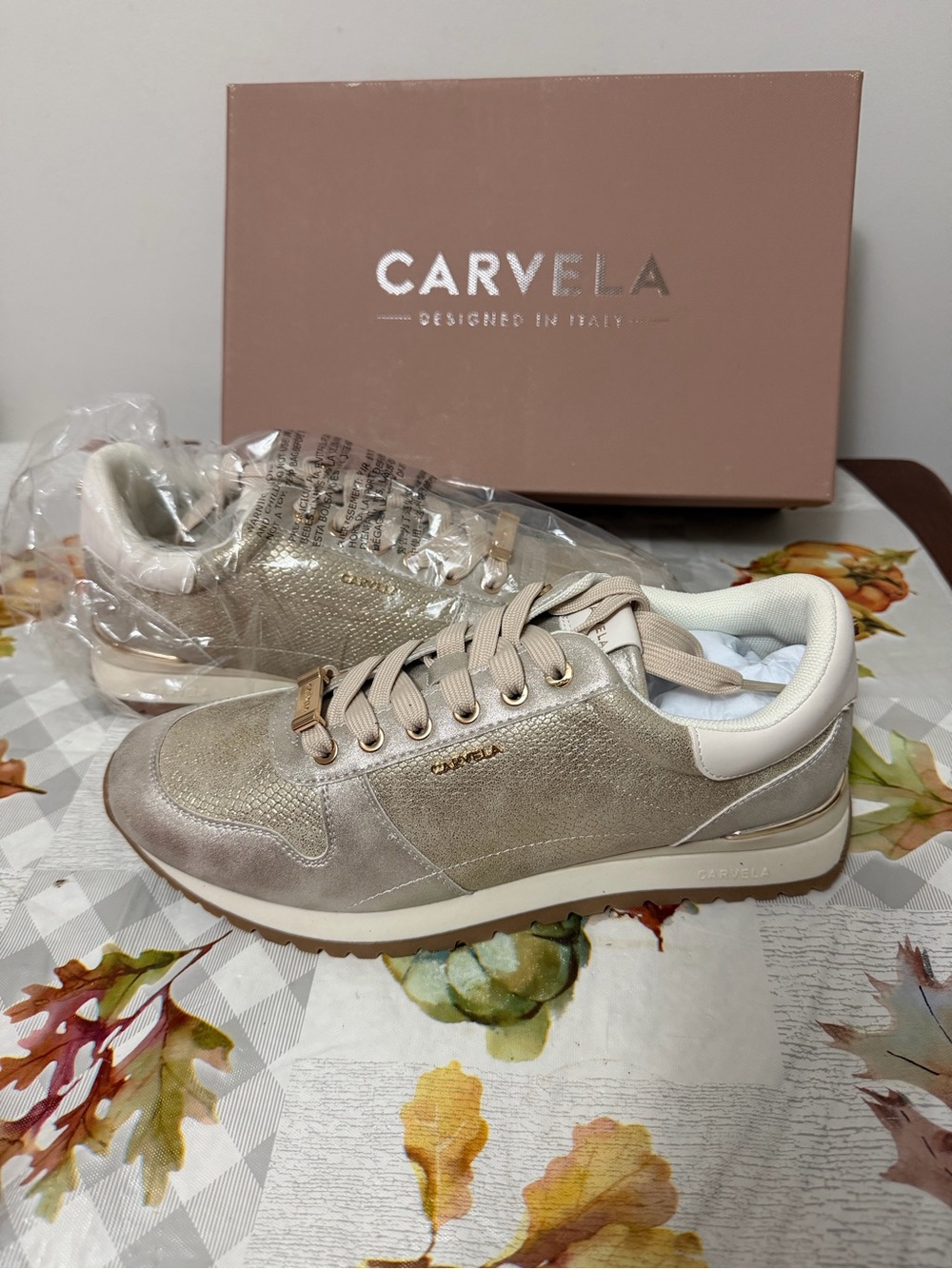 Carvela Women's Metallic gold Lace-Up Sneakers with Cream Trim